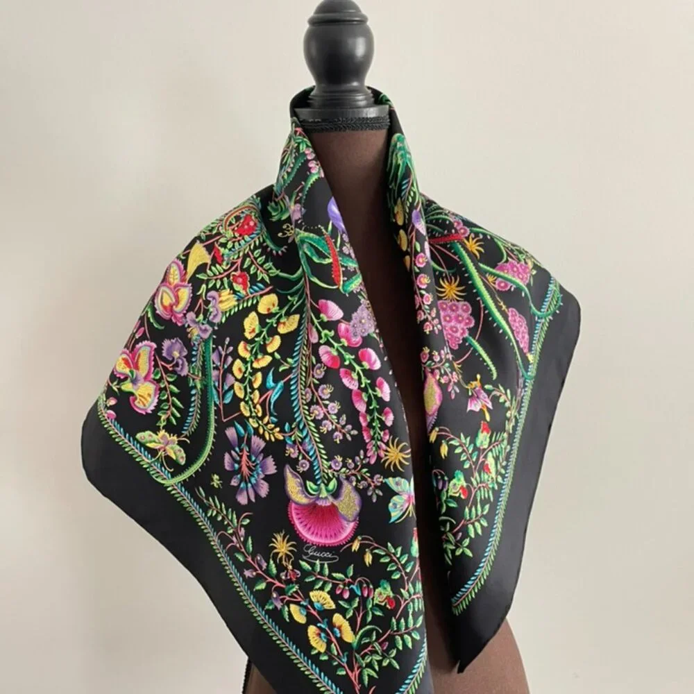 Display #2 Gucci Floral Black Green Multicolor Flora Silk Scarf Wrap